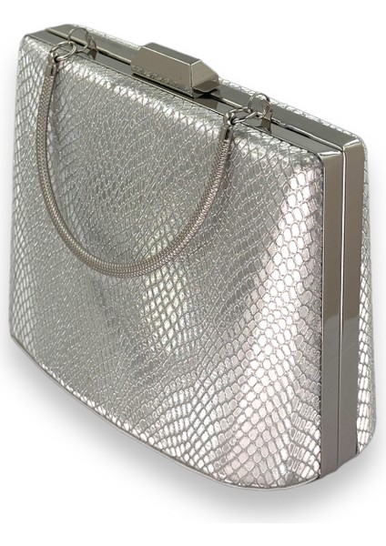 Gümüş Gri Lame Renk Lazer Desen Büyük Boy Metal Saplı Zincir Askılı Abiye Çanta