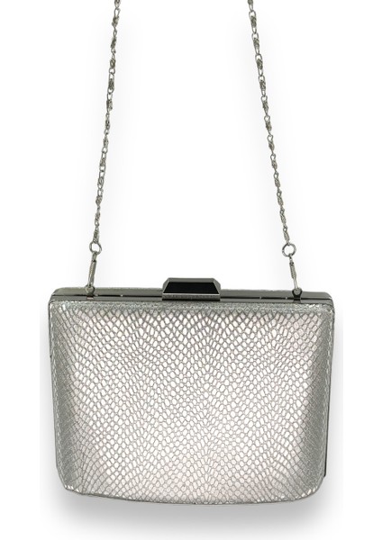 Gümüş Gri Lame Renk Lazer Desen Büyük Boy Metal Saplı Zincir Askılı Abiye Çanta