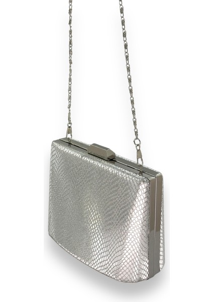 Gümüş Gri Lame Renk Lazer Desen Büyük Boy Metal Saplı Zincir Askılı Abiye Çanta