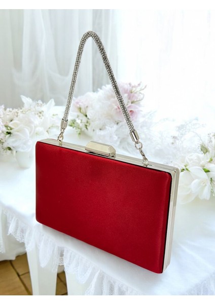 Bordo Kristal Taşlı Saten Taş Saplı Kadın Gece Çantası Abiye Çanta Düğün Nişan Mezuniyet