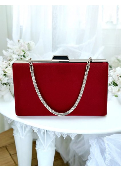 Bordo Kristal Taşlı Saten Taş Saplı Kadın Gece Çantası Abiye Çanta Düğün Nişan Mezuniyet