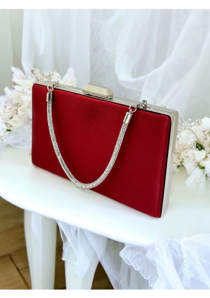 Bordo Kristal Taşlı Saten Taş Saplı Kadın Gece Çantası Abiye Çanta Düğün Nişan Mezuniyet