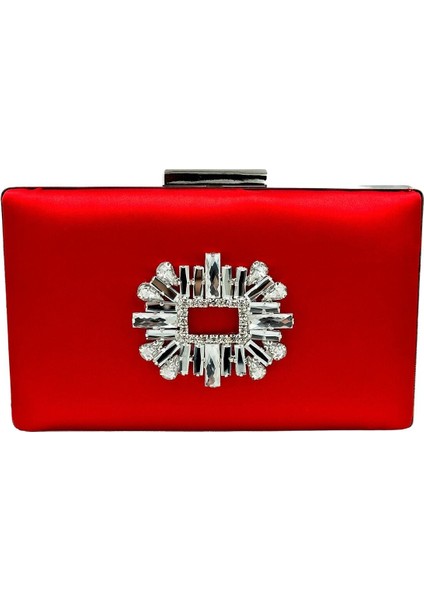 Kırmızı Renk Saten Gümüş Kasalı Gümüş Taşlı Abiye Çanta Gece Çantası Düğün Nişan Portföy