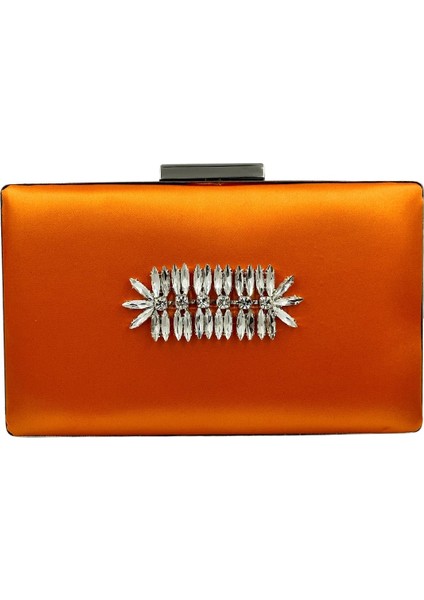 Turuncu Renk Saten Gümüş Kasalı Gümüş Taşlı Abiye Çanta Gece Çantası Düğün Nişan Portföy