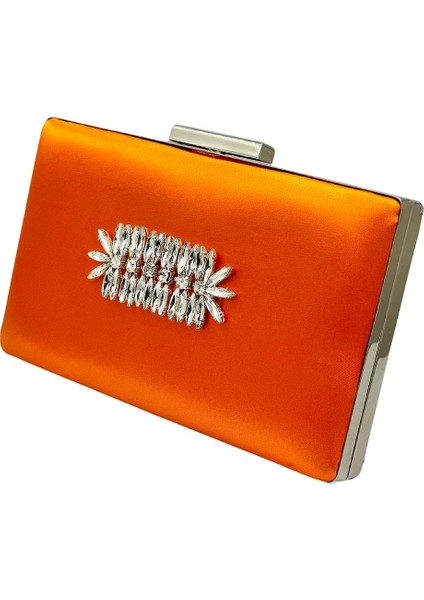 Turuncu Renk Saten Gümüş Kasalı Gümüş Taşlı Abiye Çanta Gece Çantası Düğün Nişan Portföy fiyatları