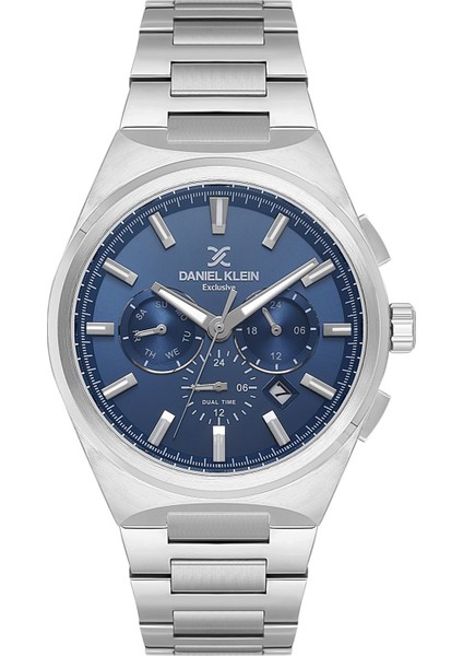 DKE.1.14069.7 Lacivert Gümüş Çizgili Fonksiyonlu Düğün Nişan Hediye Çelik Kordonlu Takvimli Erkek Kol Saati