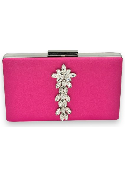 Pembe Renk Çizilmeyen Saten Gümüş Taşlı Abiye Çanta Düğün Nişan Çantası