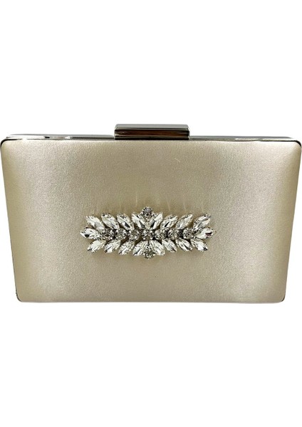 Ten Nude Renk Saten Gümüş Kasalı Gümüş Taşlı Abiye Çanta Gece Çantası Düğün Nişan Portföy