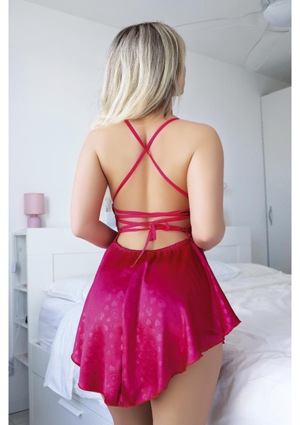 Derin Sırt Detay Kalp Desenli Saten Fuşya Fantezi Elbise fiyatları