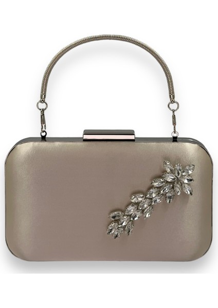 Turuncu Renk Saten Gümüş Kasalı Gümüş Taşlı Kulplu Saplı Abiye Gece Çantası Düğün Portföy