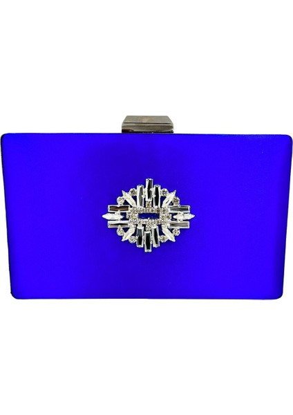 Saks Mavisi Renk Saten Gümüş Kasalı Gümüş Taşlı Abiye Çanta Gece Çantası Düğün Nişan Portföy