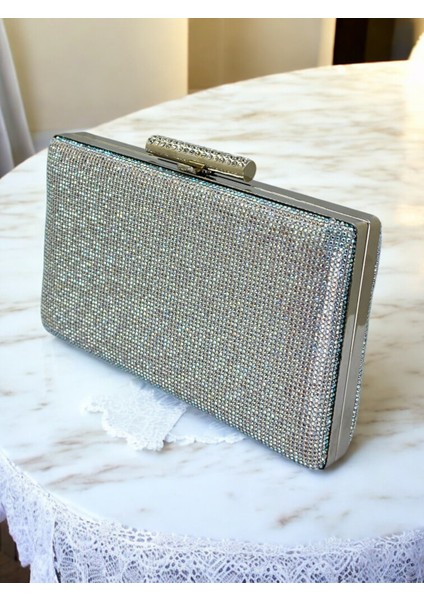 Gümüş Janjan Renk Iki Tarıfıda Komple Taşlı Kadın Abiye Çanta Düğün Nişan Mezuniyet