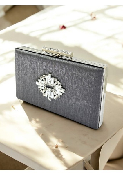 Antrasit Gri Platin Renk El Izi Yapmayan Simli Saten Kristal Taşlı Kadın Abiye Çanta Düğün Nişan