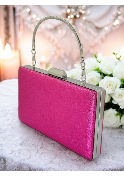 Fuşya Kristal Desenli Mat Deri Metal Saplı Abiye Çanta Gece Çantası Kına Düğün Nişan Çantası