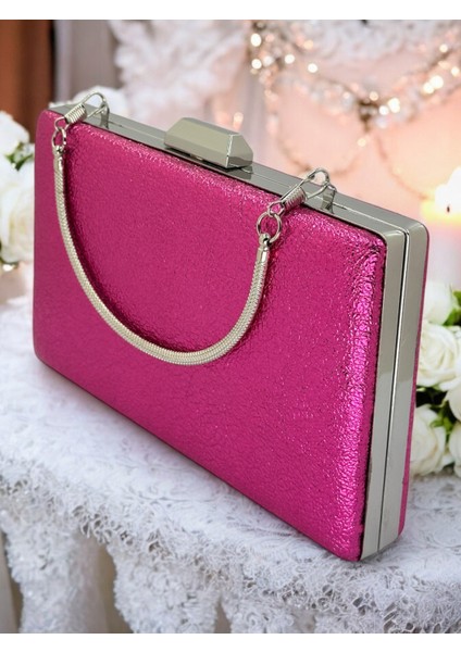 Fuşya Kristal Desenli Mat Deri Metal Saplı Abiye Çanta Gece Çantası Kına Düğün Nişan Çantası