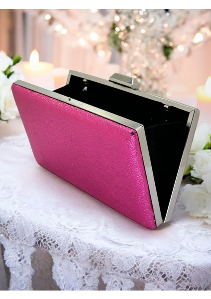 Fuşya Kristal Desenli Mat Deri Metal Saplı Abiye Çanta Gece Çantası Kına Düğün Nişan Çantası