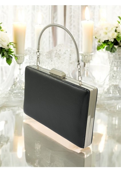 Siyah Kırışık Cilt Deri Metalik Renk Zincir Askılı Abiye Çanta Düğün Nişan Mezuniyet