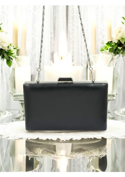 Siyah Kırışık Cilt Deri Metalik Renk Zincir Askılı Abiye Çanta Düğün Nişan Mezuniyet fırsatları
