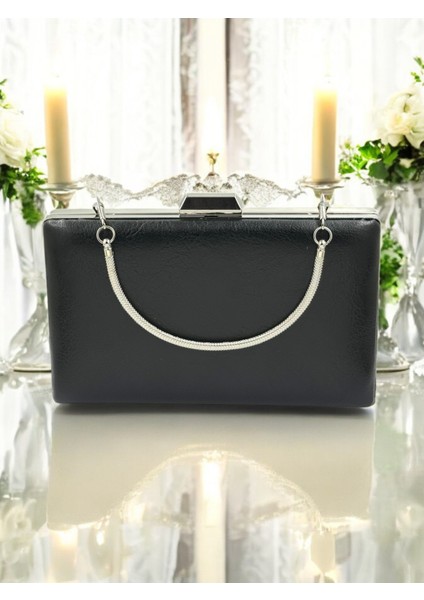 Siyah Kırışık Cilt Deri Metalik Renk Zincir Askılı Abiye Çanta Düğün Nişan Mezuniyet