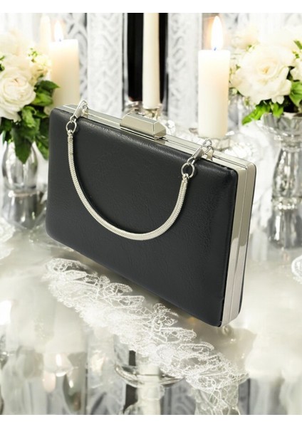 Siyah Kırışık Cilt Deri Metalik Renk Zincir Askılı Abiye Çanta Düğün Nişan Mezuniyet