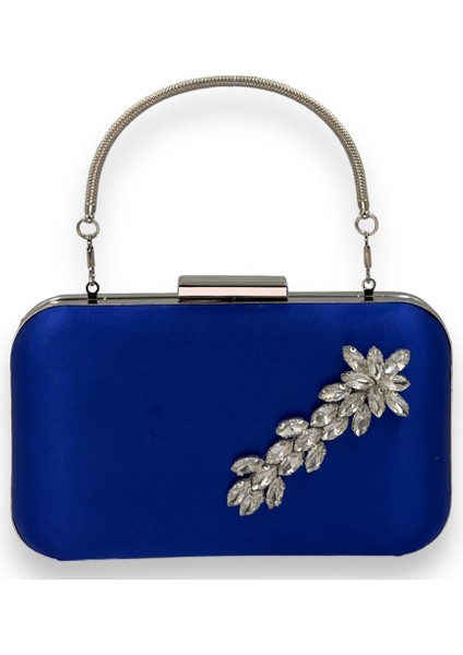 Saks Mavi Renk Saten Gümüş Kasalı Gümüş Taşlı Kulplu Saplı Abiye Gece Çantası Düğün Portföy