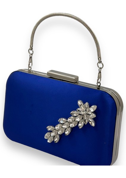 Saks Mavi Renk Saten Gümüş Kasalı Gümüş Taşlı Kulplu Saplı Abiye Gece Çantası Düğün Portföy fiyatları
