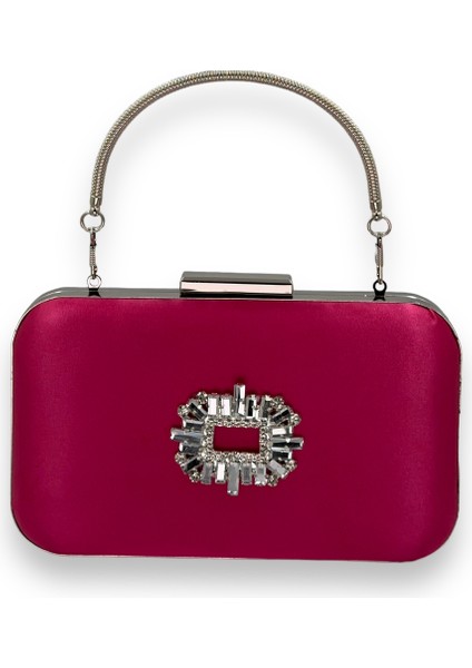 Fuşya Renk Saten Gümüş Kasalı Gümüş Taşlı Kulplu Saplı Abiye Gece Çantası Düğün Portföy