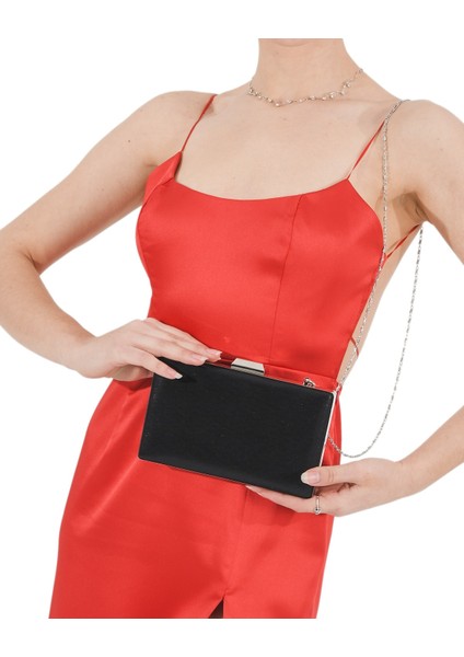 Siyah Renk Gümüş Kasalı Sıvama Saten Abiye Çanta Gece Çantası indirimleri