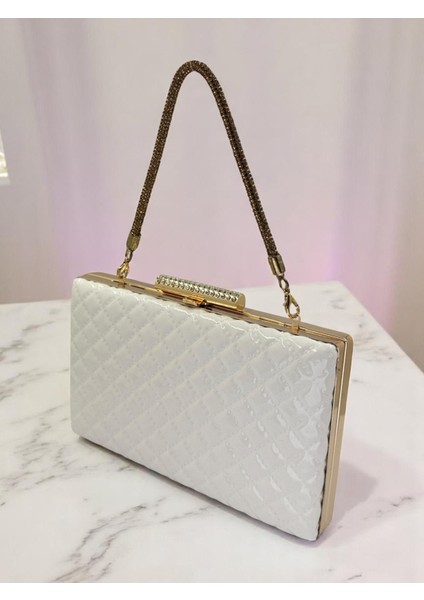Beyaz Lüks Rugan Taş Saplı Kapitone Desenli Kadın Abye Çanta Düğün Nişan Mezuniyet