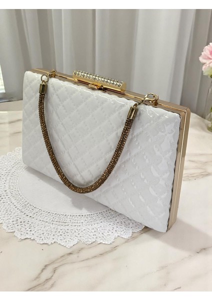 Beyaz Lüks Rugan Taş Saplı Kapitone Desenli Kadın Abye Çanta Düğün Nişan Mezuniyet modelleri