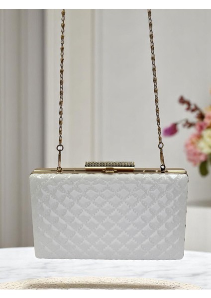 Beyaz Lüks Rugan Taş Saplı Kapitone Desenli Kadın Abye Çanta Düğün Nişan Mezuniyet