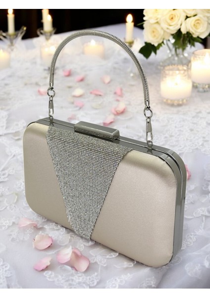 Ten Renk Saten Gümüş Taşlı Abiye Çanta Gece Çantası Nişan Düğün Çantası