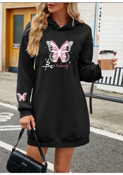 Büyük Beden Özel Tasarım Kapüşonlu Kelebek Be Yourself Baskılı Kışlık Trend Kadın Hoodie Elbise
