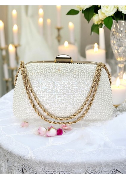 Sedef Ekru Altın Renk Incili Zincir Kulplu Kadın Abiye Çanta Mezuniyet Düğün Nişan fiyatları