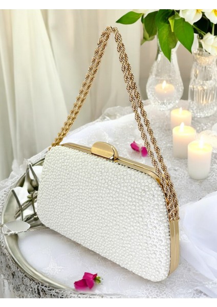 Sedef Ekru Altın Renk Incili Zincir Kulplu Kadın Abiye Çanta Mezuniyet Düğün Nişan modelleri