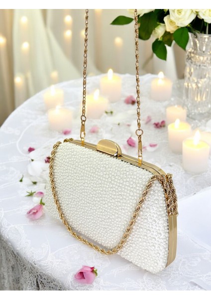 Sedef Ekru Altın Renk Incili Zincir Kulplu Kadın Abiye Çanta Mezuniyet Düğün Nişan