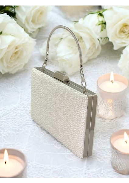 Porselen Inci Sedef Ekru Renk Metal Saplı Kristal Taşlı Abiye Çanta Düğün Nişan Kına Mezuniyet