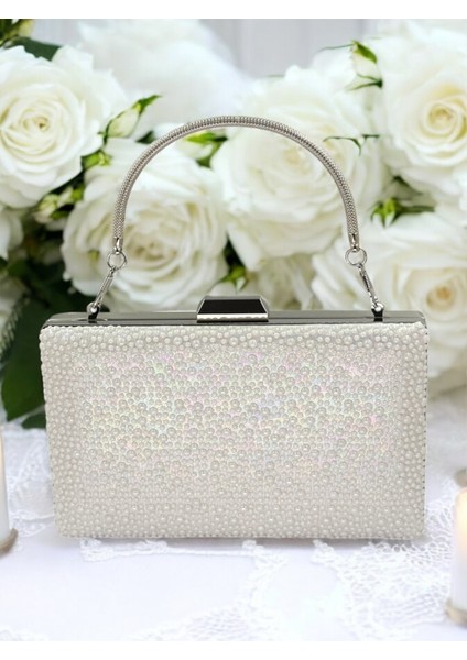 Porselen Inci Sedef Ekru Renk Metal Saplı Kristal Taşlı Abiye Çanta Düğün Nişan Kına Mezuniyet fiyatları