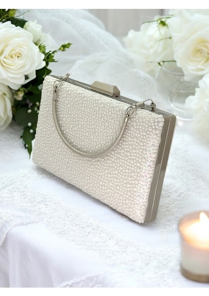 Porselen Inci Sedef Ekru Renk Metal Saplı Kristal Taşlı Abiye Çanta Düğün Nişan Kına Mezuniyet