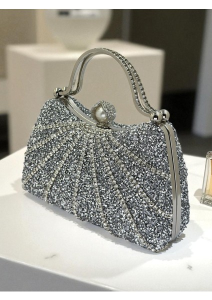 Gümüş Gri Lame Renk Taşlı Gümüş Detaylı Zincir Askılı Kadın Abiye Mezuniyet Kına Nişan Balo Çantası fiyatları