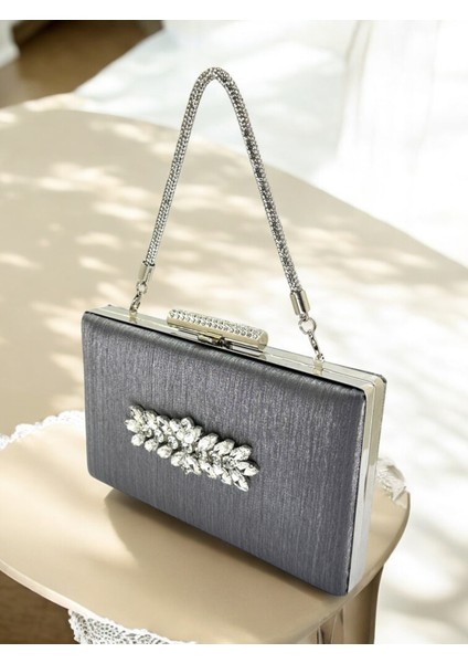 Antrasit Gri Platin Taşlı Saplı Renk El Izi Yapmayan Çizgili Saten Kristal Taşlı Kadın Abiye Çanta