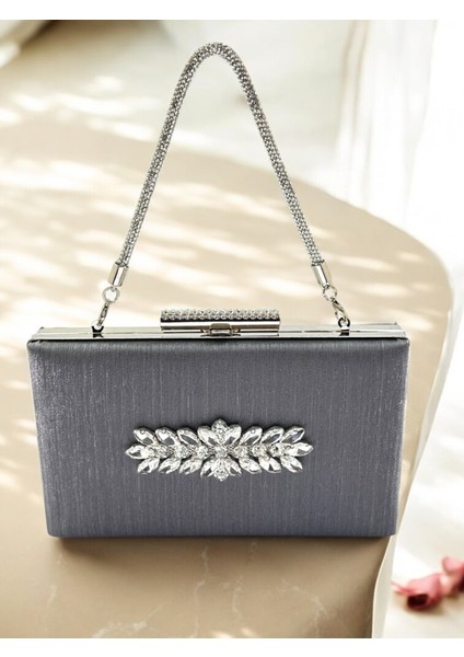 Antrasit Gri Platin Taşlı Saplı Renk El Izi Yapmayan Çizgili Saten Kristal Taşlı Kadın Abiye Çanta fiyatları
