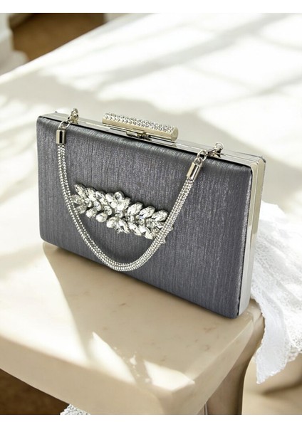 Antrasit Gri Platin Taşlı Saplı Renk El Izi Yapmayan Çizgili Saten Kristal Taşlı Kadın Abiye Çanta modelleri