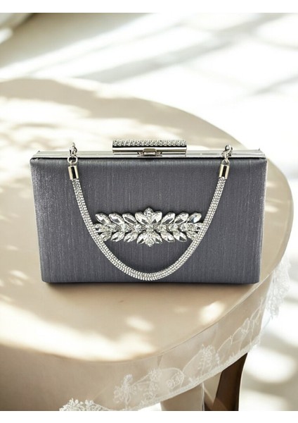 Antrasit Gri Platin Taşlı Saplı Renk El Izi Yapmayan Çizgili Saten Kristal Taşlı Kadın Abiye Çanta fırsatları