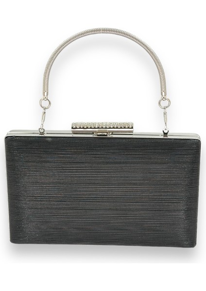 Siyah Renk Ithal Lazer Desenli Çizgili Metal Saplı Abiye Gece Çantası Nişan Düğün Davet Balo