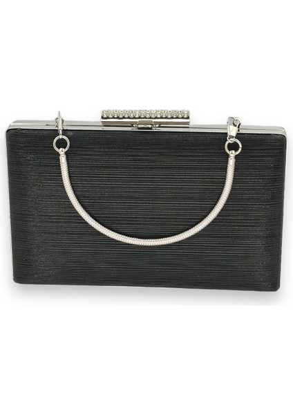 Siyah Renk Ithal Lazer Desenli Çizgili Metal Saplı Abiye Gece Çantası Nişan Düğün Davet Balo modelleri