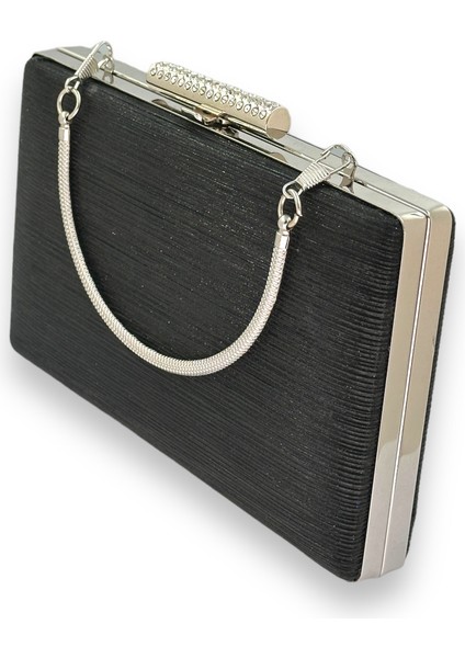 Siyah Renk Ithal Lazer Desenli Çizgili Metal Saplı Abiye Gece Çantası Nişan Düğün Davet Balo fırsatları