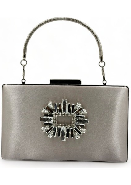 Vizon Renk Saten Gümüş Kasalı Gümüş Taşlı Abiye Çanta Gece Çantası Düğün Nişan Portföy