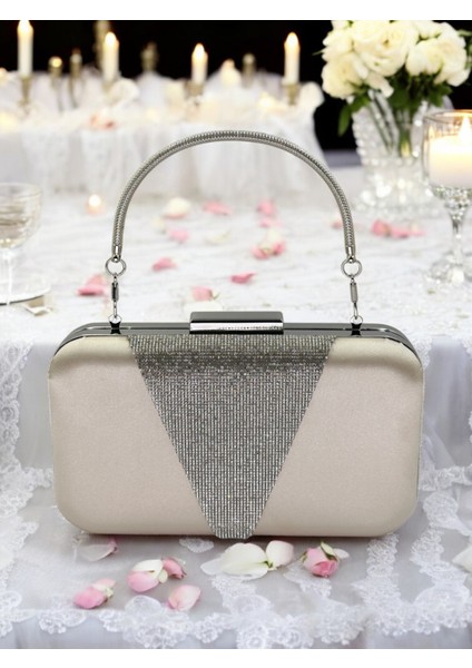 Ten Renk Saten Gümüş Taşlı Abiye Çanta Gece Çantası Nişan Düğün Çantası fiyatları