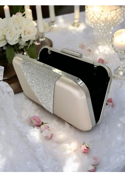 Ten Renk Saten Gümüş Taşlı Abiye Çanta Gece Çantası Nişan Düğün Çantası modelleri